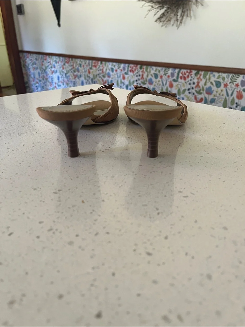 Isaac Mizrahi Tan Brown Open-Toe Slide Mules with Bow Accent